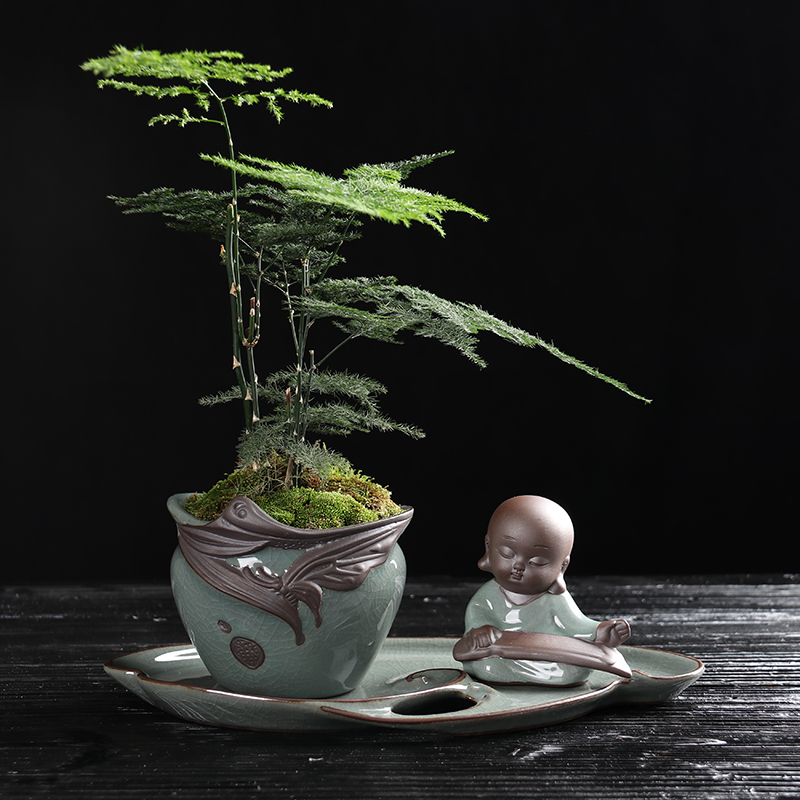 復(fù)古福連文苑文竹盆景，禪意小和尚盆景