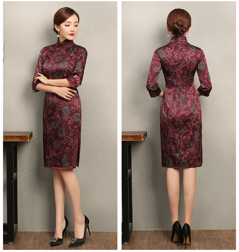 端莊典雅紫紅色旗袍，中袖真絲旗袍裙