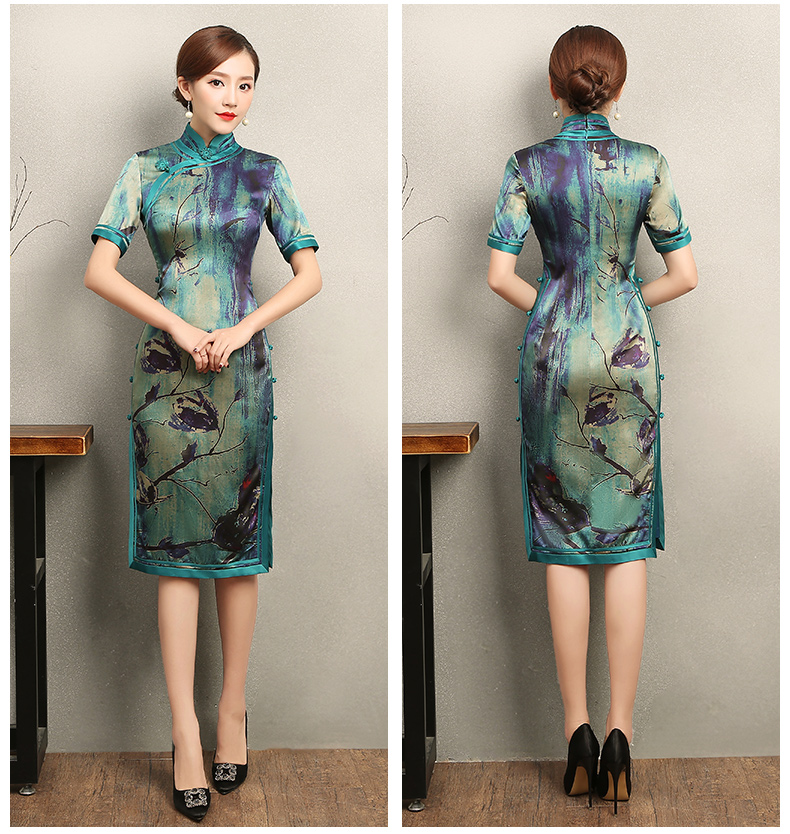 古典韻味花良旗袍，撞色花枝短袖旗袍裙