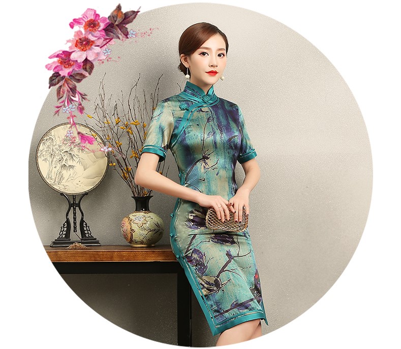 古典韻味花良旗袍，撞色花枝短袖旗袍裙