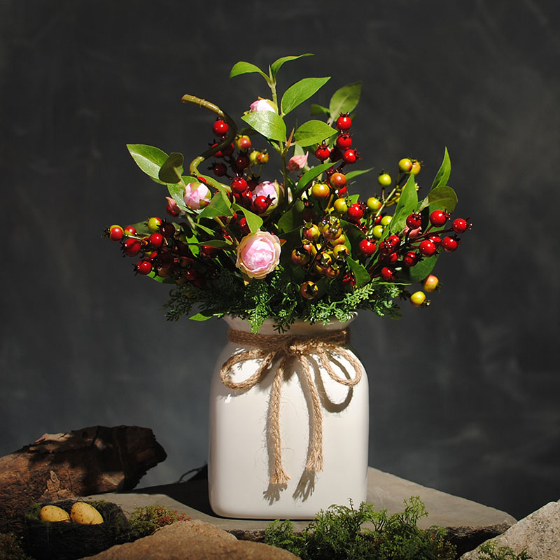 可愛漿果插花藝術(shù)，仿真茶花中式花藝
