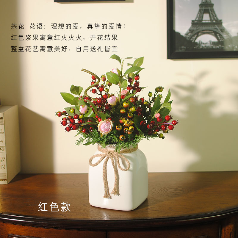 可愛漿果插花藝術(shù)，仿真茶花中式花藝