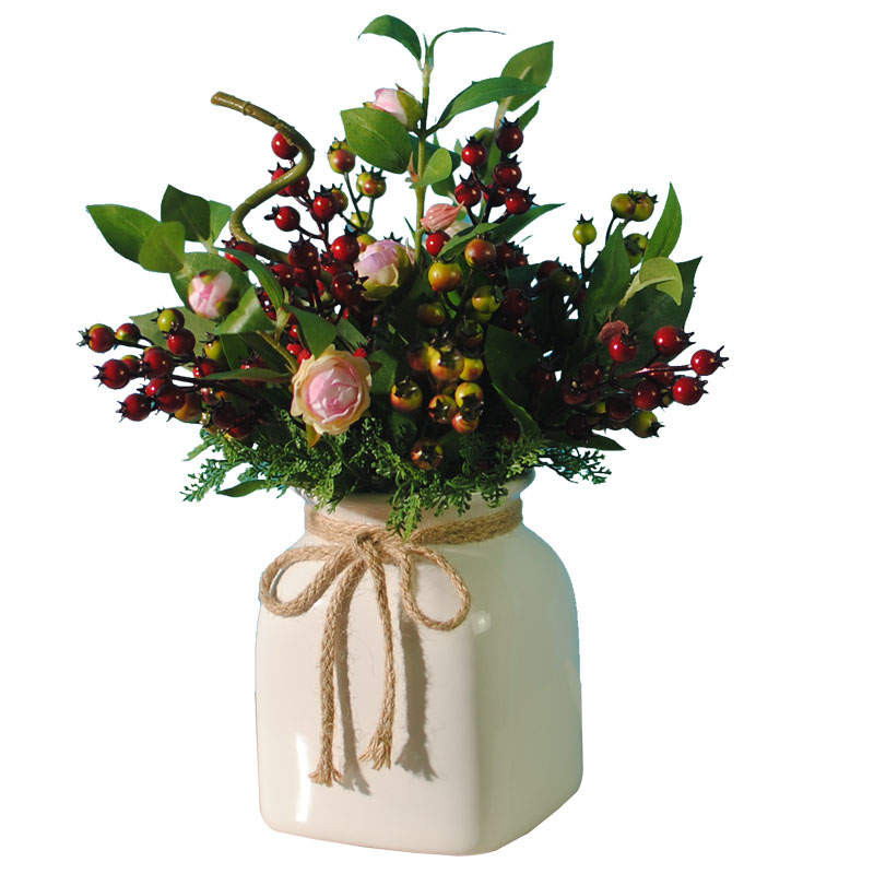 可愛漿果插花藝術(shù)，仿真茶花中式花藝
