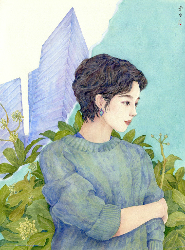24節(jié)氣水彩手繪插畫，清新淡雅唯美女子插畫
