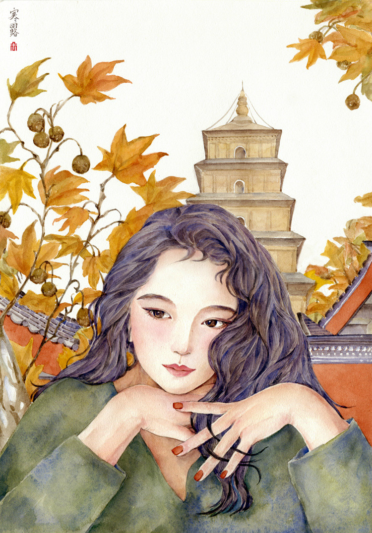 24節(jié)氣水彩手繪插畫，清新淡雅唯美女子插畫