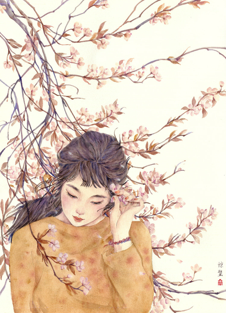 24節(jié)氣水彩手繪插畫，清新淡雅唯美女子插畫