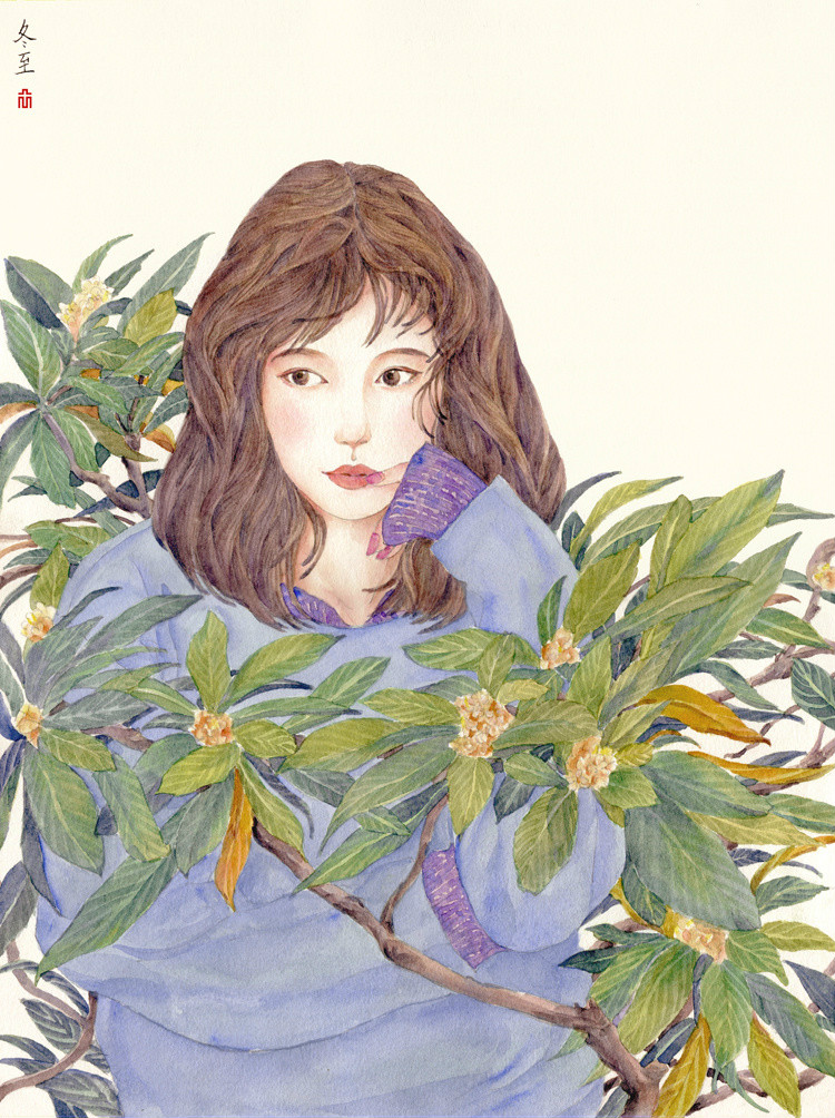 24節(jié)氣水彩手繪插畫，清新淡雅唯美女子插畫