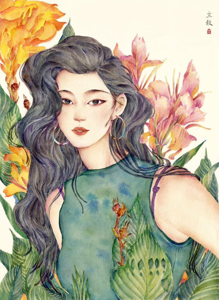 24節(jié)氣水彩手繪插畫，清新淡雅唯美女子插畫