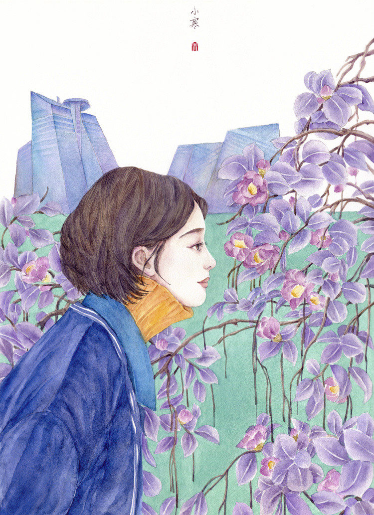 24節(jié)氣水彩手繪插畫，清新淡雅唯美女子插畫