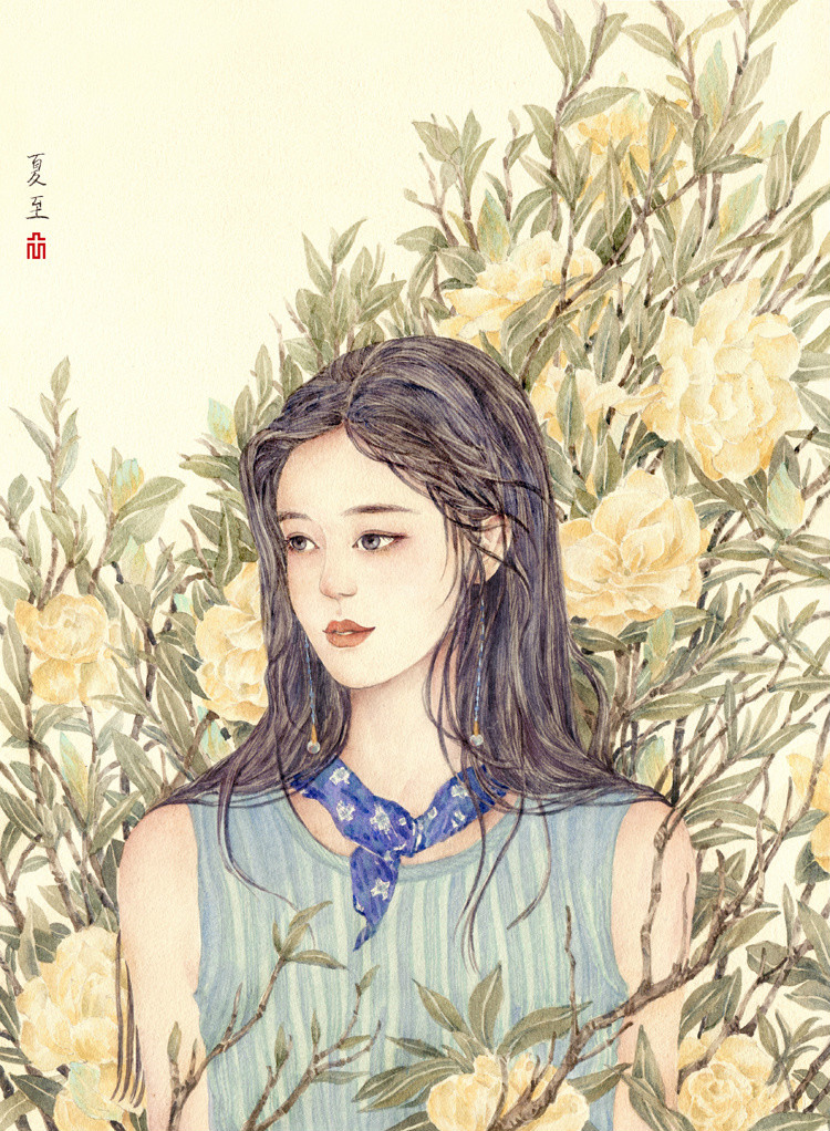 24節(jié)氣水彩手繪插畫，清新淡雅唯美女子插畫