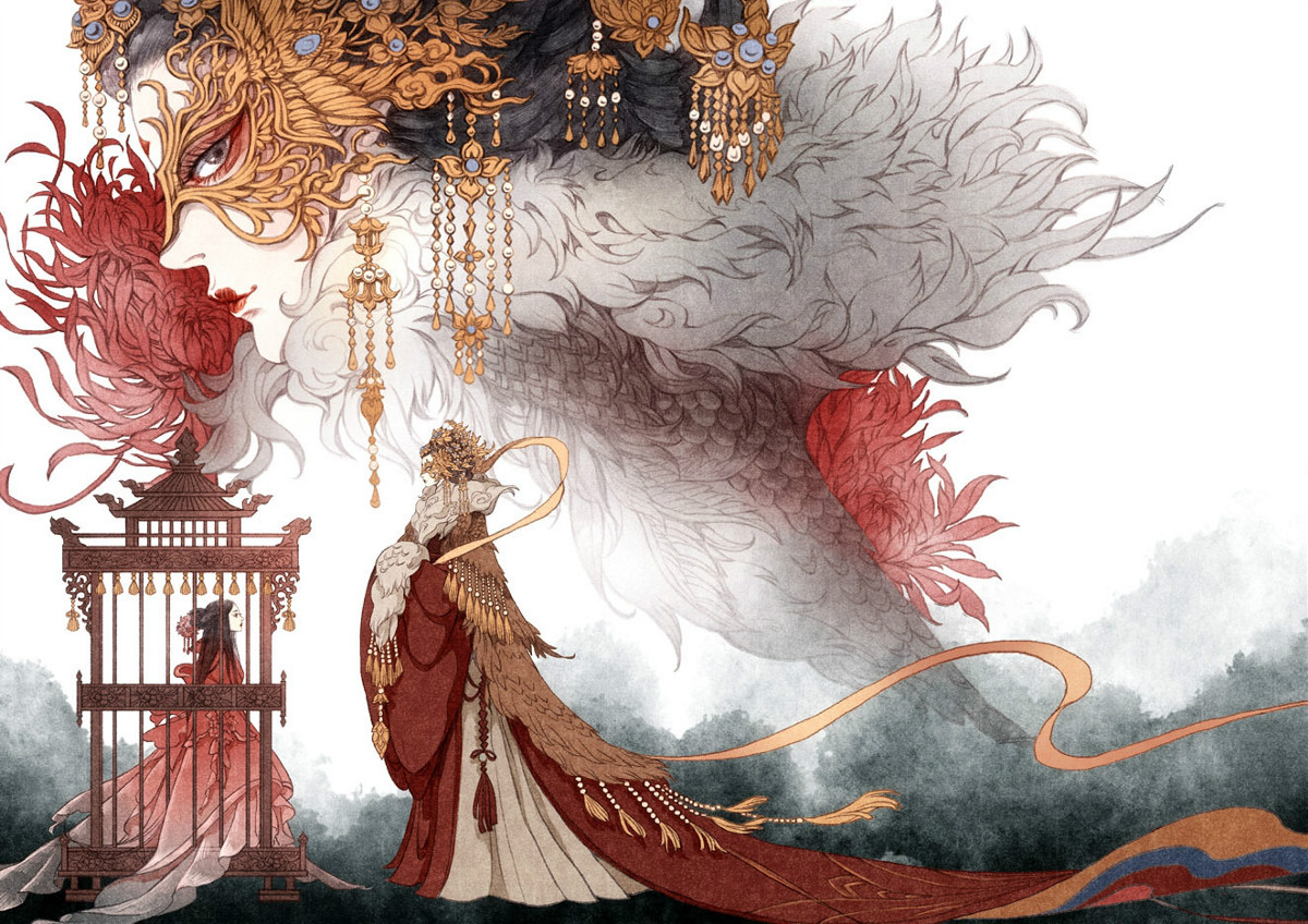 9款古風(fēng)插畫，半面妝插畫合集欣賞