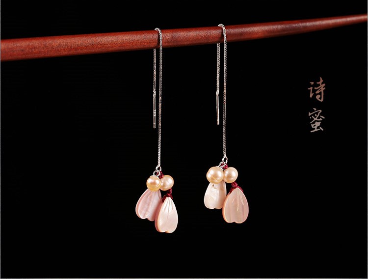 靈動浪漫耳線耳飾，心形粉海貝雕花長款耳環(huán)