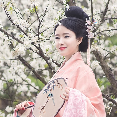 花林粉衣帶團(tuán)扇女生頭像，唯美古風(fēng)真人頭像