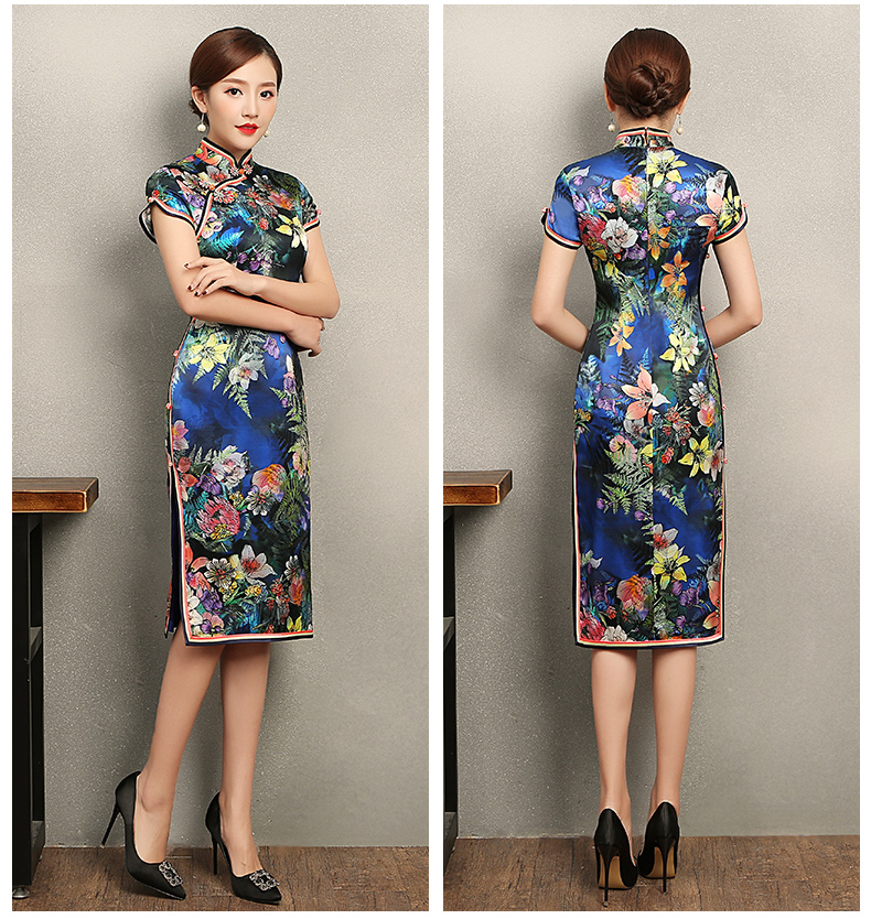 蔓如花靚麗旗袍，唯美短袖印花旗袍裙