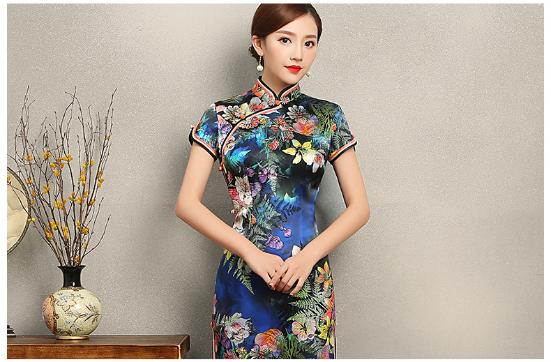 蔓如花靚麗旗袍，唯美短袖印花旗袍裙