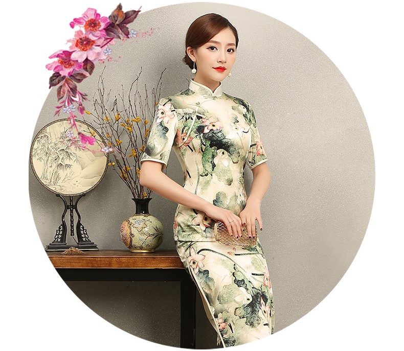 青荷古風(fēng)韻味旗袍，淡雅短袖印花旗袍裙