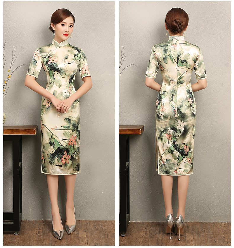 青荷古風(fēng)韻味旗袍，淡雅短袖印花旗袍裙