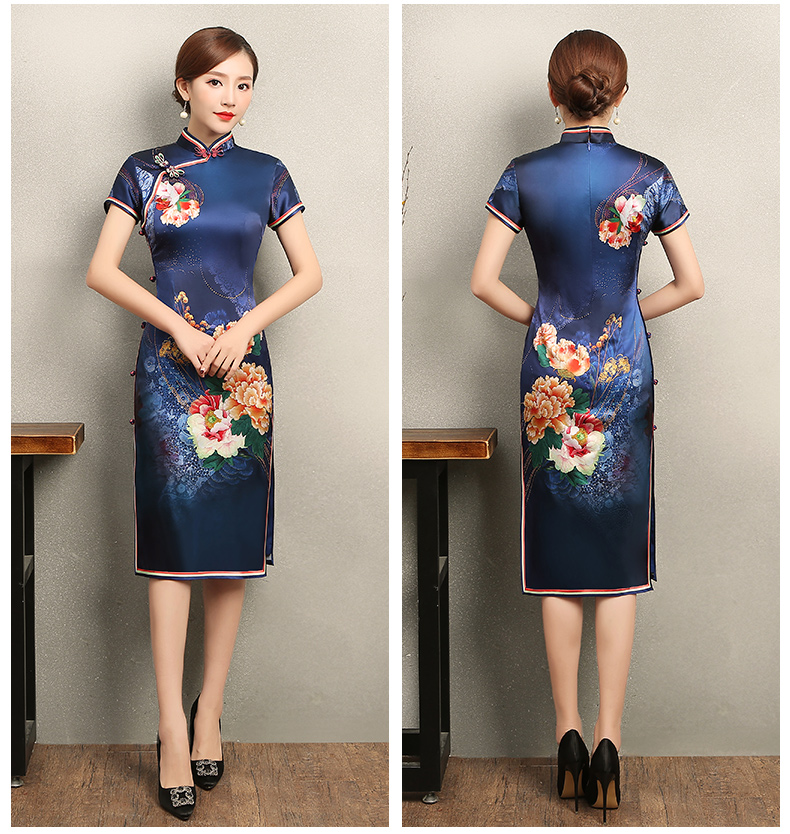 知性優(yōu)雅藍(lán)色旗袍，花嬌印花短袖旗袍裙