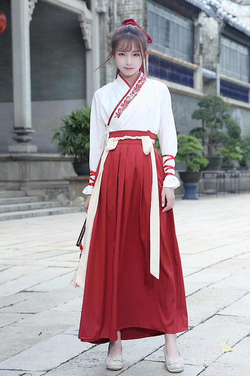 紅白交配繡花漢服，改良漢服斜交齊腰襦裙