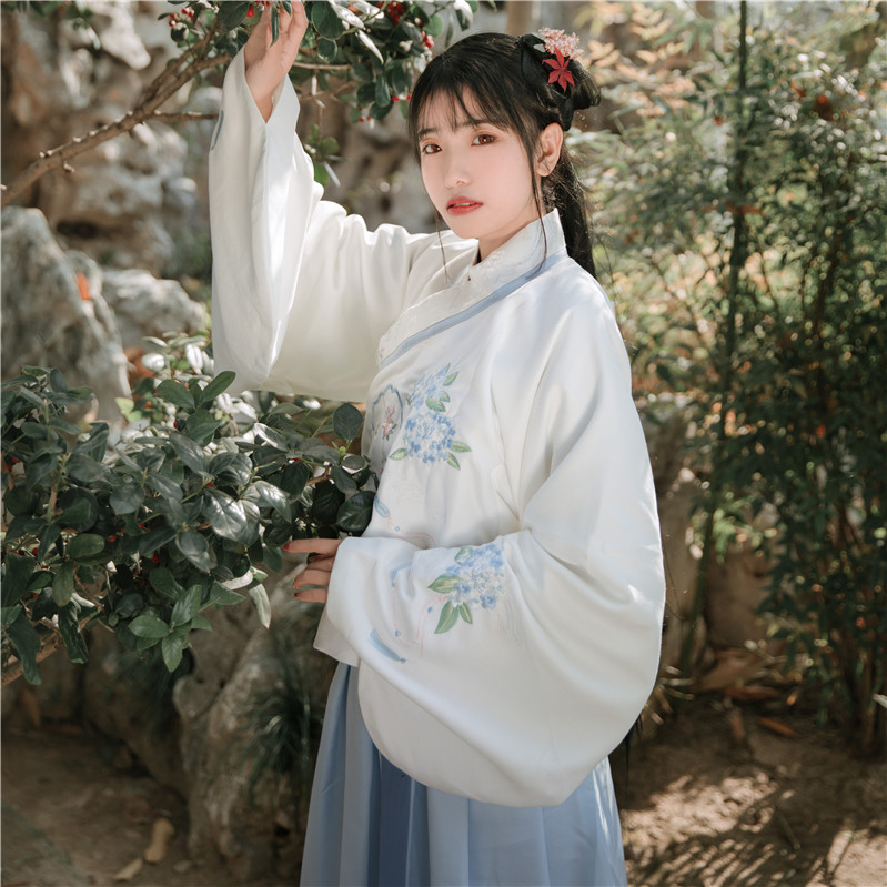 精致紫陽(yáng)扇香圖案繡花漢服，清新交領(lǐng)襦裙?jié)h服