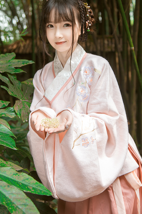 清新典雅粉色漢服，仙女交領(lǐng)襦裙?jié)h服圖片