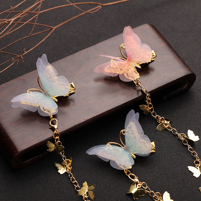 小清新仙女薄紗蝴蝶發(fā)夾，流蘇發(fā)夾古風頭飾