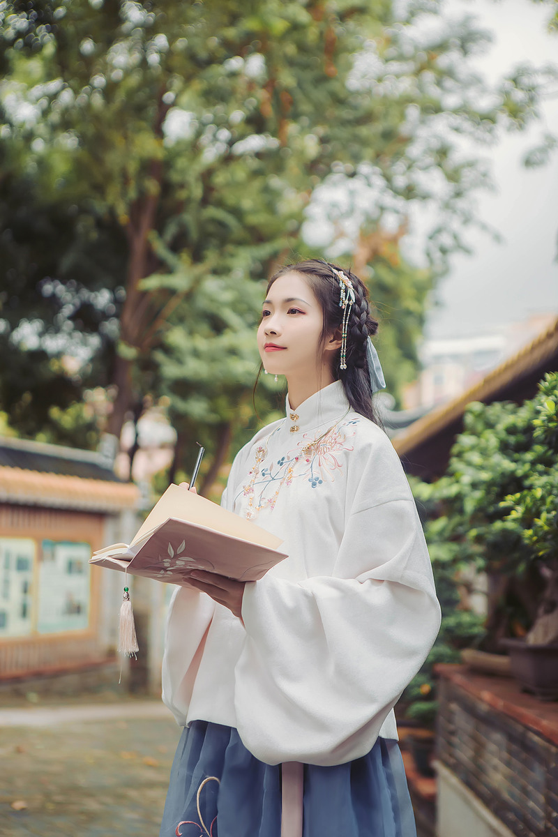 立領(lǐng)斜襟襖裙?jié)h服，淡雅脫俗菊花刺繡漢服