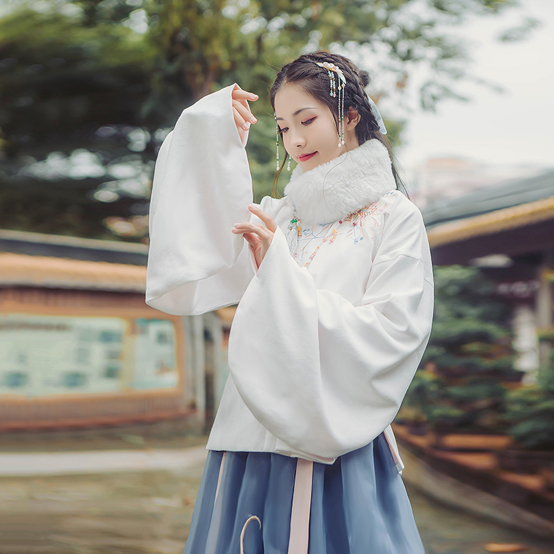 立領(lǐng)斜襟襖裙?jié)h服，淡雅脫俗菊花刺繡漢服