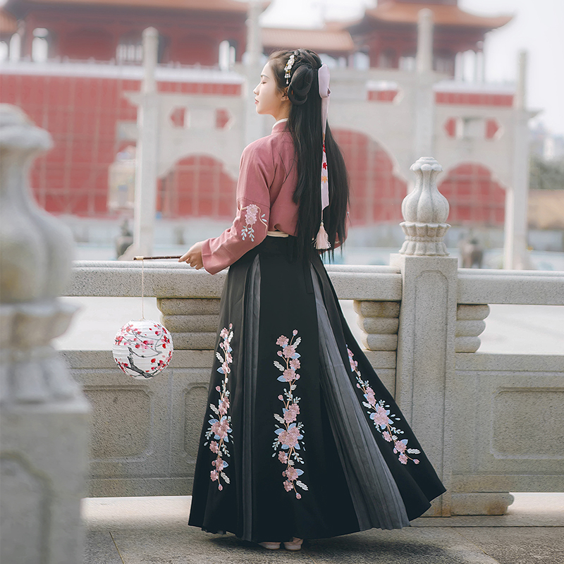 花團錦簇交領襦裙?jié)h服，褶裙團花刺繡漢服圖片