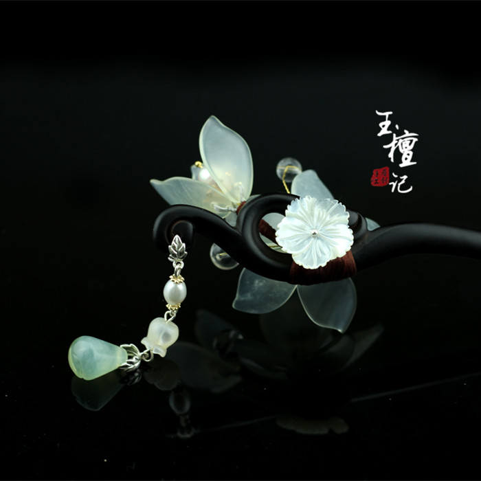 古風(fēng)玉蘭花黑檀木簪子，手工玉簪花頭飾