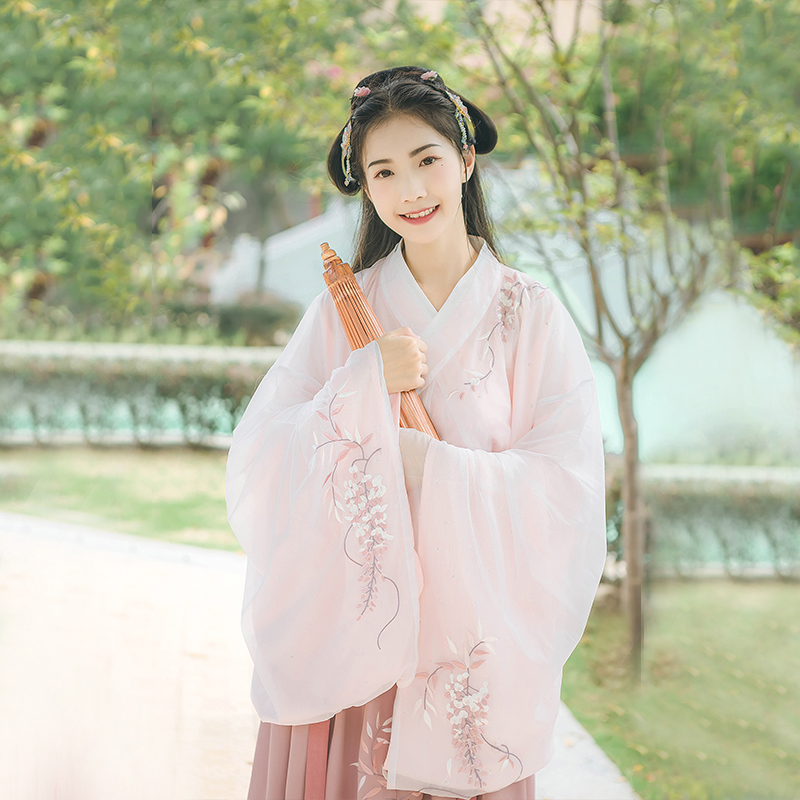 小清新粉色紫藤蘿刺繡漢服，大袖交領(lǐng)襦裙?jié)h服