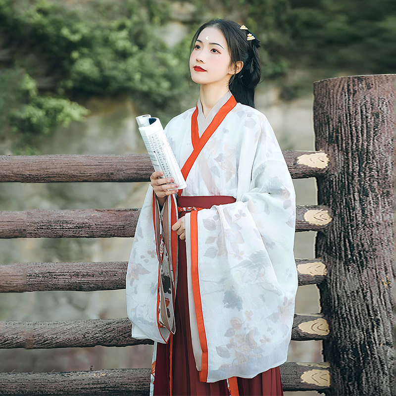 魏晉風(fēng)大袖交領(lǐng)襦裙?jié)h服，松葉水墨印花漢服