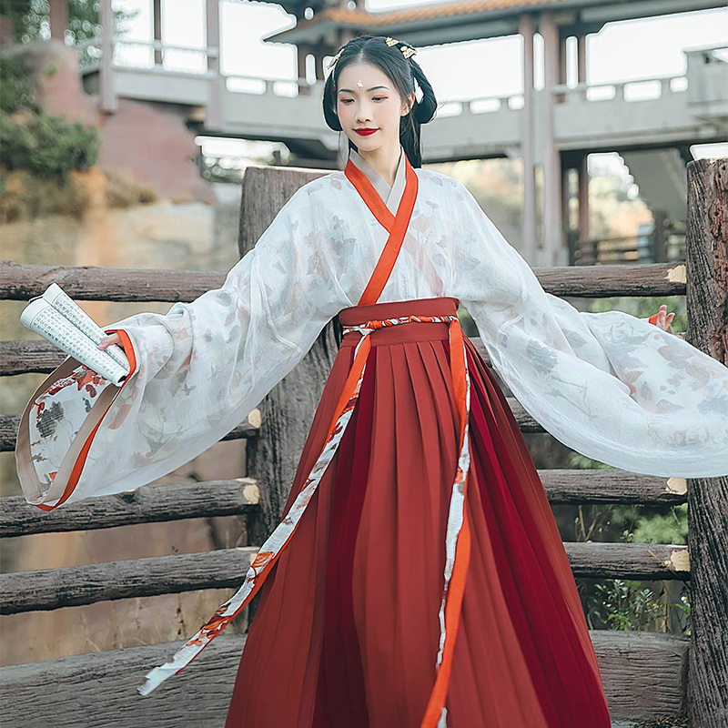 魏晉風(fēng)大袖交領(lǐng)襦裙?jié)h服，松葉水墨印花漢服