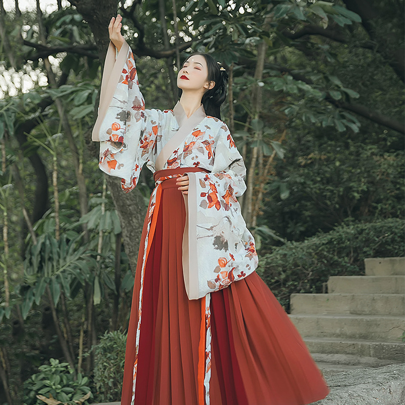 魏晉風(fēng)大袖交領(lǐng)襦裙?jié)h服，松葉水墨印花漢服