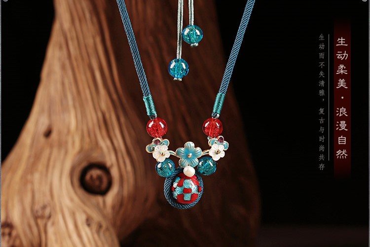 藍色琉璃吊墜福連文苑鎖骨鏈，古風(fēng)簡約花朵項鏈