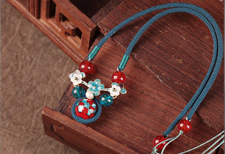 藍色琉璃吊墜福連文苑鎖骨鏈，古風(fēng)簡約花朵項鏈