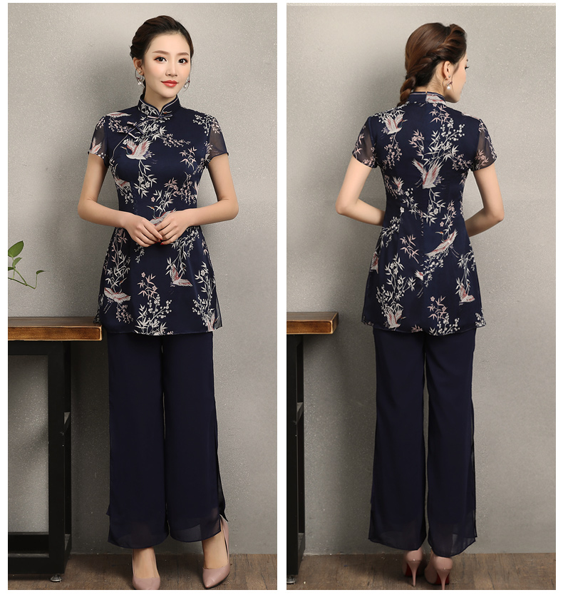 祥鶴印花中式旗袍，唐風(fēng)茶服旗袍上衣圖片