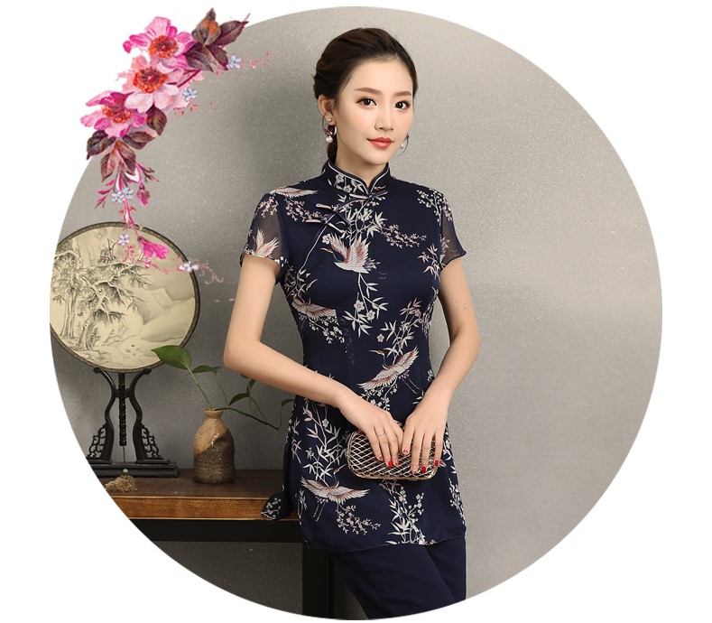 祥鶴印花中式旗袍，唐風(fēng)茶服旗袍上衣圖片