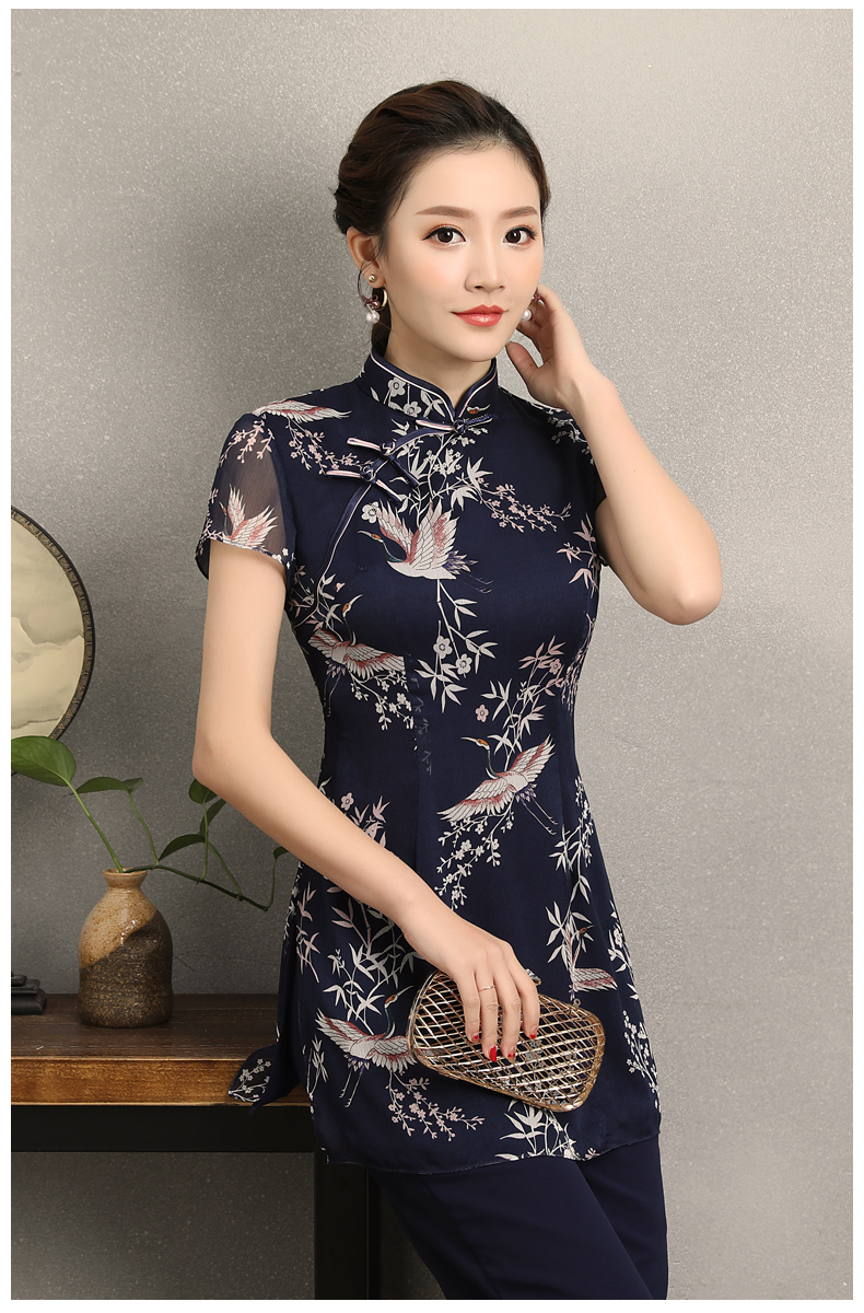 祥鶴印花中式旗袍，唐風(fēng)茶服旗袍上衣圖片