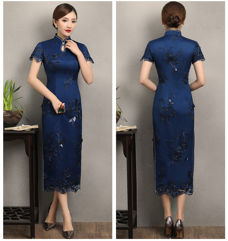 蘭蕓蕾絲繡花旗袍，優(yōu)雅知性短袖旗袍圖片
