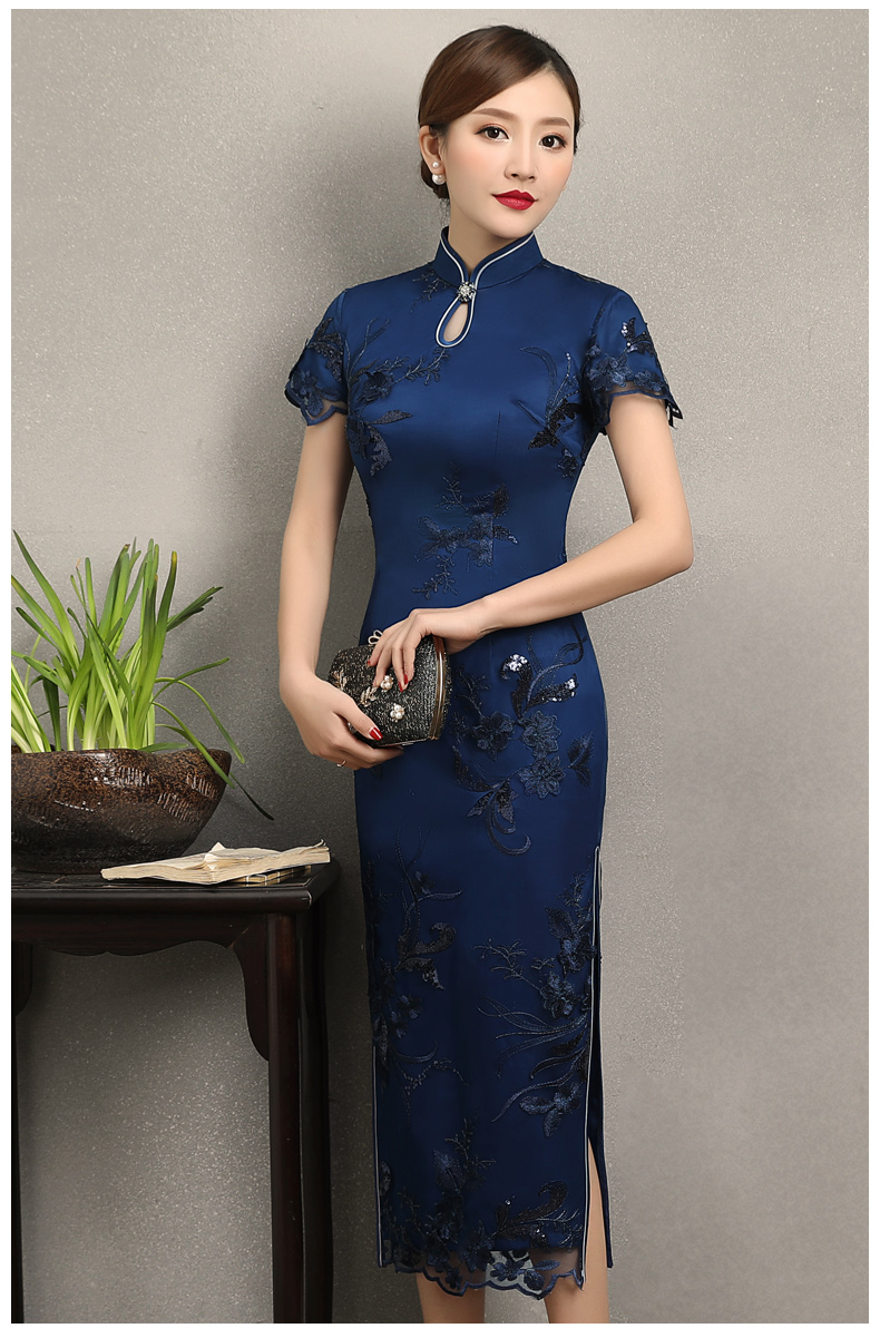 蘭蕓蕾絲繡花旗袍，優(yōu)雅知性短袖旗袍圖片