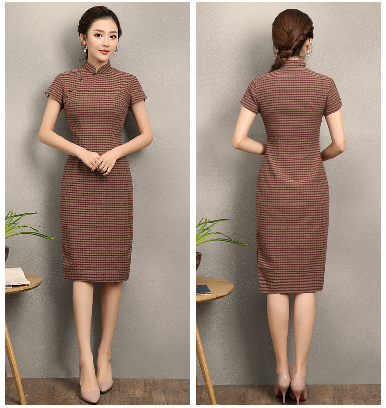 民國(guó)風(fēng)復(fù)古格子旗袍，改良棉麻短袖旗袍圖片