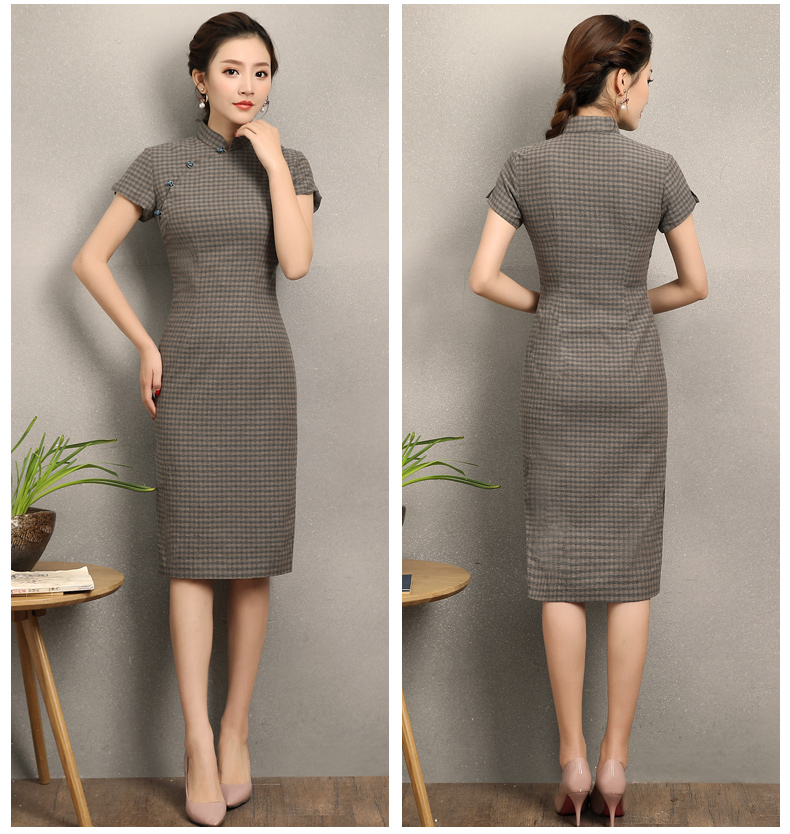民國(guó)風(fēng)復(fù)古格子旗袍，改良棉麻短袖旗袍圖片