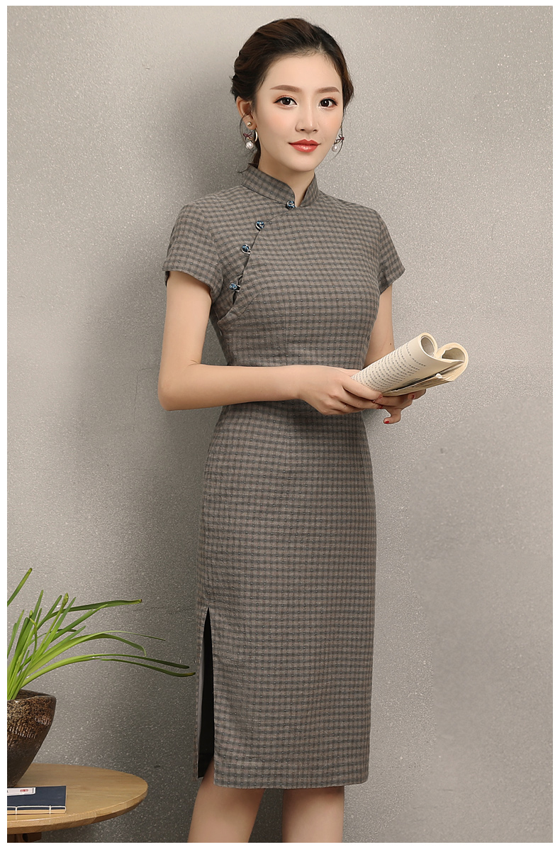 民國(guó)風(fēng)復(fù)古格子旗袍，改良棉麻短袖旗袍圖片