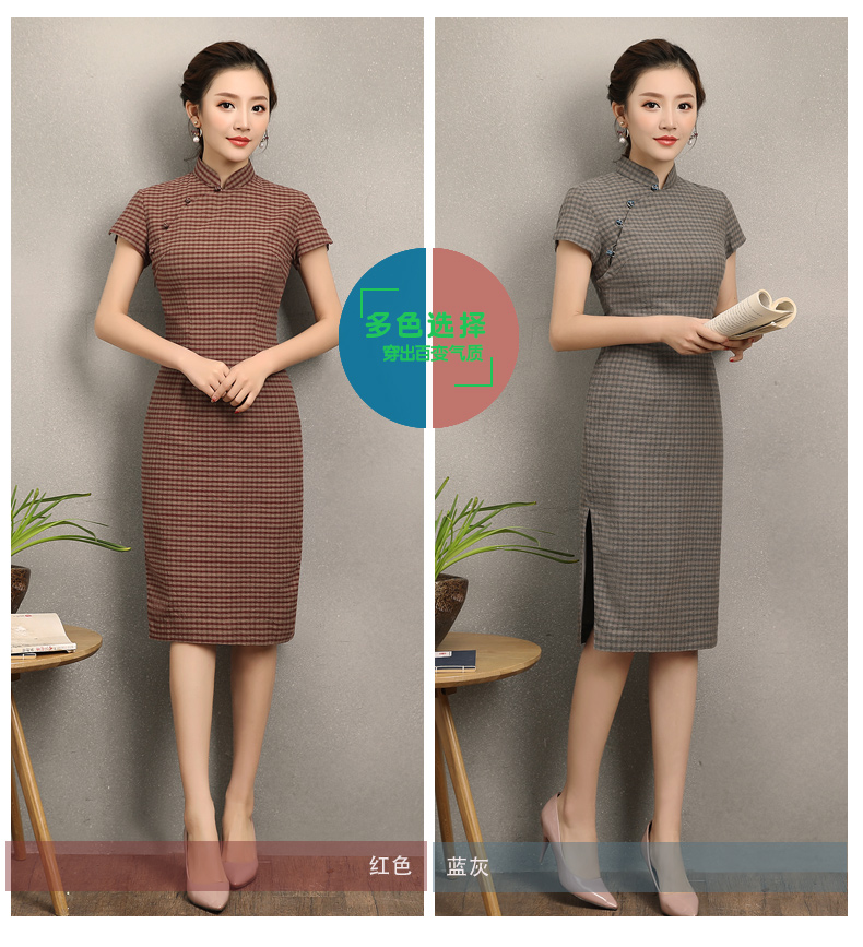 民國(guó)風(fēng)復(fù)古格子旗袍，改良棉麻短袖旗袍圖片