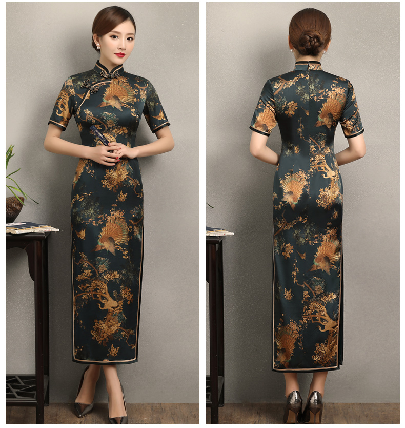 墨綠印花復(fù)古短袖旗袍，優(yōu)雅浪漫旗袍圖片