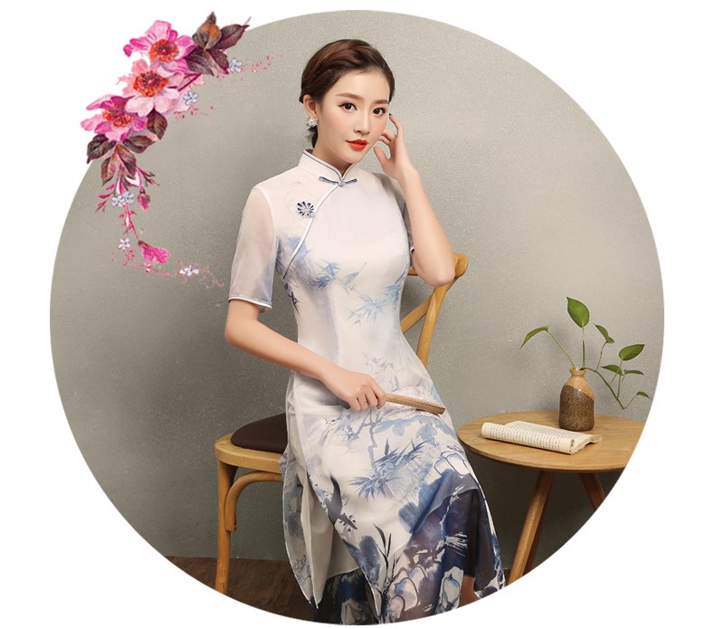 藍(lán)伊水墨印花旗袍，中式修身短袖旗袍裙