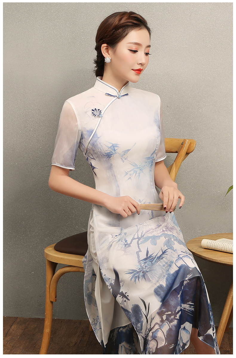 藍(lán)伊水墨印花旗袍，中式修身短袖旗袍裙