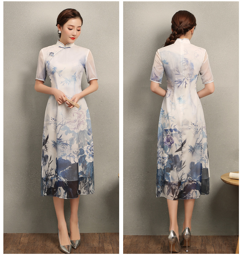 藍(lán)伊水墨印花旗袍，中式修身短袖旗袍裙