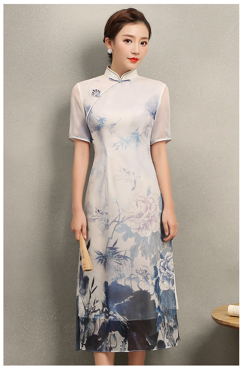 藍(lán)伊水墨印花旗袍，中式修身短袖旗袍裙